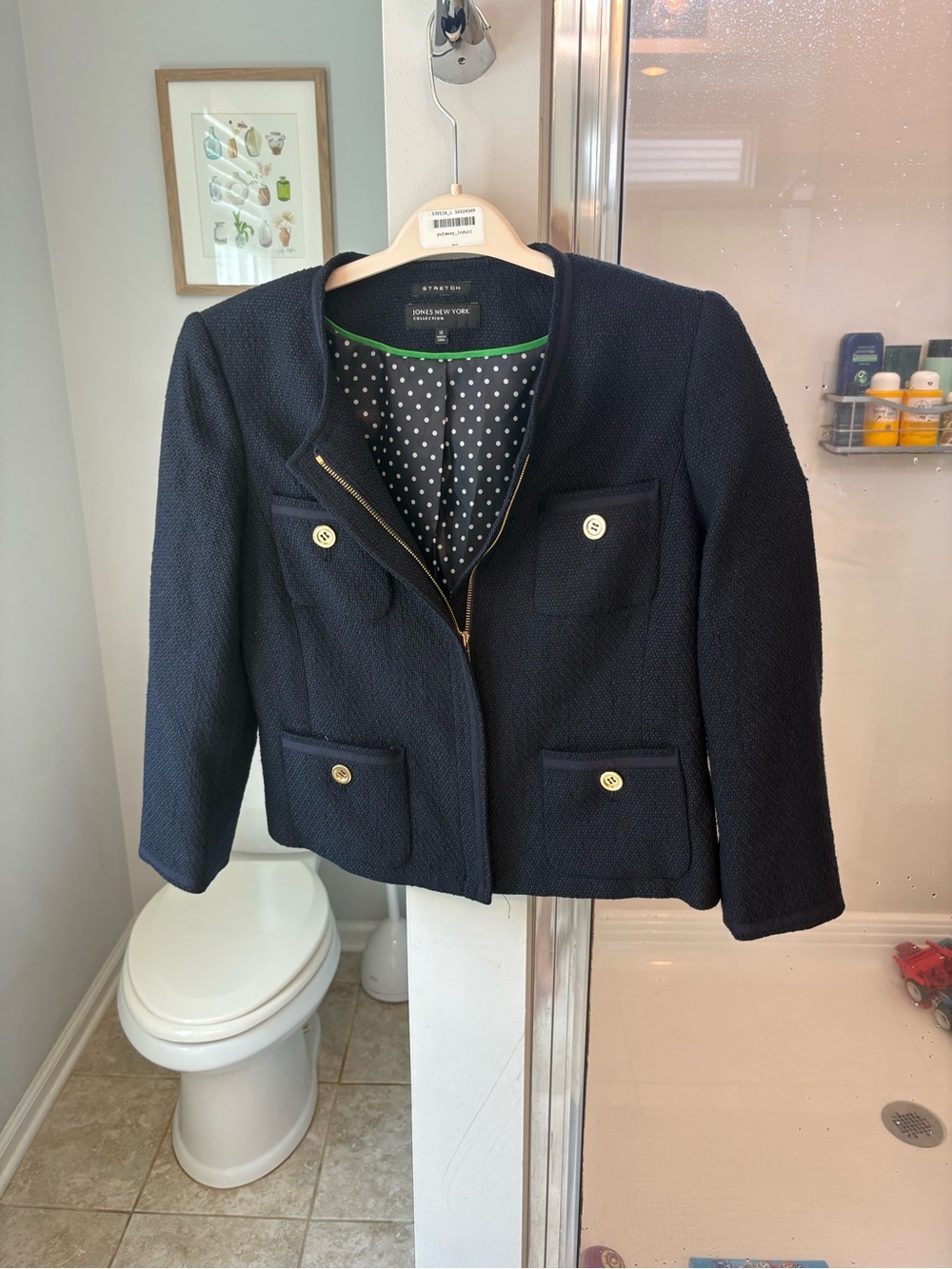 Jones New York Women's 10 Navy Tweed Blazer Stretch Gold‎ Buttons Zip Front